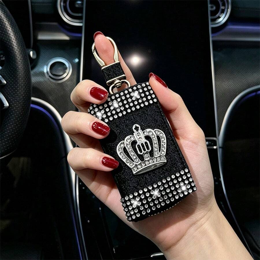 Creative Bling Car Key Case (Upper & Lower Rhinestone Decor + Crown Pattern) New Car Key Pouch Suitable For Home Keys And Car Keys Storage, Car Accessories Unisex