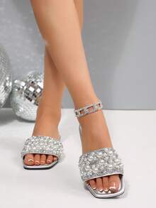 Summer Silver Square Toe Pearl Embellished Single Strap Flat Slides, Gentle Style Outdoor Wear Solid Color Fashion PU Leather Beaded Women's Flat Sandals For Home - Silver - View 3