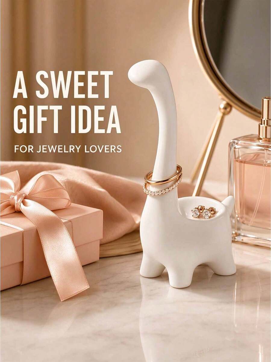 Creative Long Neck Dinosaur Ring Holder, Cute Animal Jewelry Display Stand, Desktop Ring And Necklace Organizer, Bedroom Vanity Decor Accessory, Gift, Hanging Jewelry Storage Rack - Multicolor - View 1