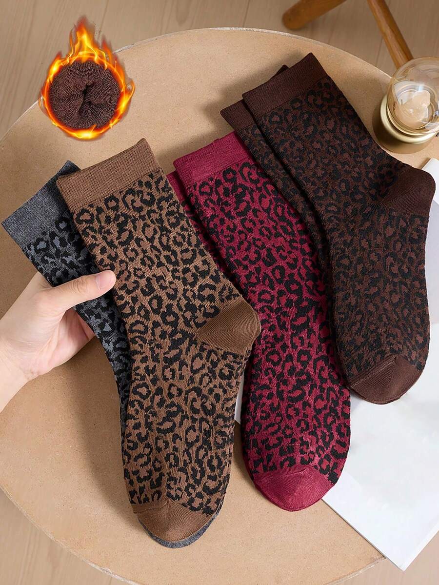 2 Pasang Kaos Kaki Wanita Setengah Betis, Motif Leopard Burgundy Tebal dan Hangat, Cocok untuk Dipakai di Musim Gugur/Musim Dingin - MultiWarna - View 1