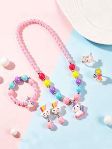 5pcs/Set Kids Cartoon Unicorn Pendant Necklace Bracelet Ring Ear Clips Cute Jewelry Accessories Suitable For Daily Wear Party Gift - one-size - View 1