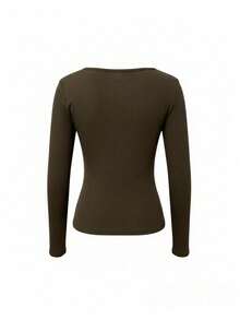 Women's Mesh Patchwork 2 In 1 Long Sleeve V-Neck Knot Base Layer Top, Slim Fit, American Style, Autumn/Winter - Brown - View 7