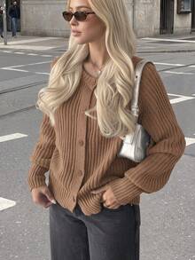 Women's Y2K Style Long Sleeve Knit Cardigan, Warm And Comfortable For Daily Wear, Winter - Brown - View 1