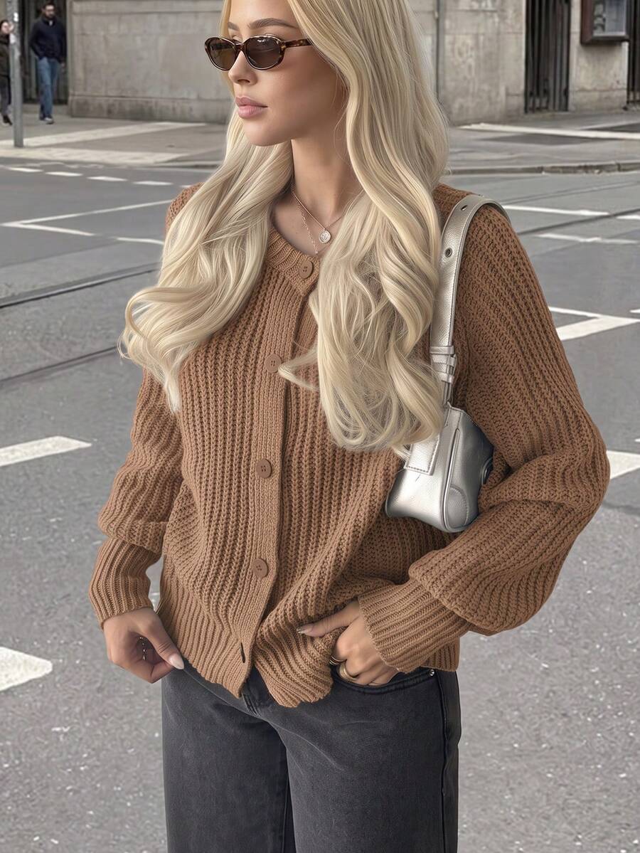 Women's Y2K Style Long Sleeve Knit Cardigan, Warm And Comfortable For Daily Wear, Winter - Brown - View 1