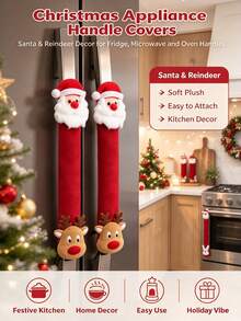 2pcs Red Christmas Refrigerator Handle Covers, Santa Claus, Reindeer And Snowflake Patterns, Soft Elastic Removable Anti-Fouling Anti-Scratch Appliance Handle Covers, Suitable For Refrigerator, Dishwasher, Microwave, Christmas Decoration - Multicolor - View 4