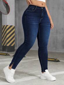 Plus Size Blue Elastic High Waist Long Pants With Slit Hem, Suitable For Autumn/Winter, Perfect For Dating And Commuting - Blue - View 3