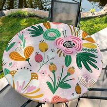 1pc Floral Line Round Tablecloth, Elastic Edge, Soft And Wrinkle-Resistant, Suitable For Round Dining Table, Outdoor Restaurant Decor And Outdoor Party, Kitchen, Baking, Outdoor Decor, Outdoor Patio, Breakfast, Brunch And Party Decor - Multicolor - View 1