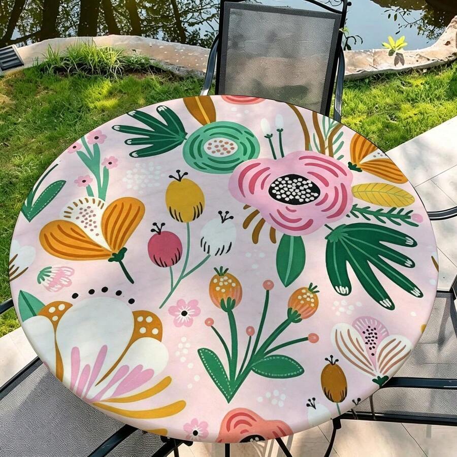 1pc Floral Line Round Tablecloth, Elastic Edge, Soft And Wrinkle-Resistant, Suitable For Round Dining Table, Outdoor Restaurant Decor And Outdoor Party, Kitchen, Baking, Outdoor Decor, Outdoor Patio, Breakfast, Brunch And Party Decor - Multicolor - View 1