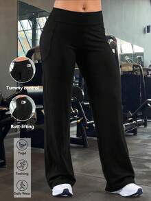 High Waist Straight Leg Pants With Phone Pocket, Dual Use For Running And Daily Commute - Black - View 4