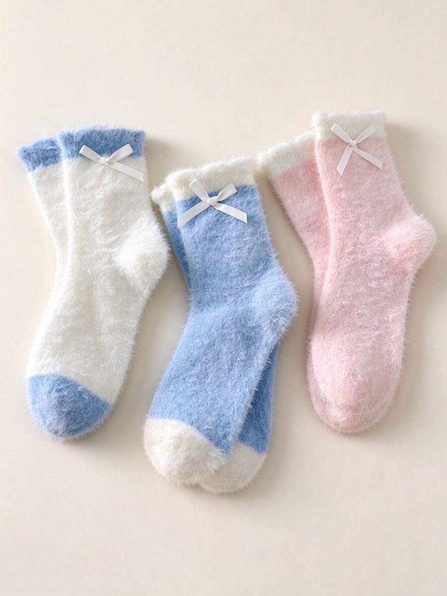 3 Pairs Autumn/Winter Mink Fur Anti-Cold Warm Cute Bow Knot Plush Home Floor Socks Sleep Mid-Calf Socks For Women - Multicolor - View 1