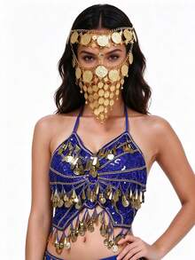 Sequined Halter Bra Top Coin Tassel Fringe, Coin Chain Metal Face Mask Covering, Rumba Stage Show Performance Wear, Multi-Color Available - Multicolor - View 16