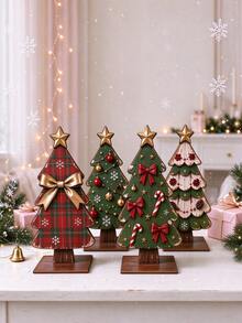 4pcs Vintage Wooden Christmas Tree Desktop Ornament Set.,2D Flat,Perfect For Placement On Desks, Windowsills, Fireplaces, Shelves, Entryway Counters, And Kitchen Countertops, Effortlessly Creating A Warm And Healing Winter Christmas Scene - Multiple Styles - View 1