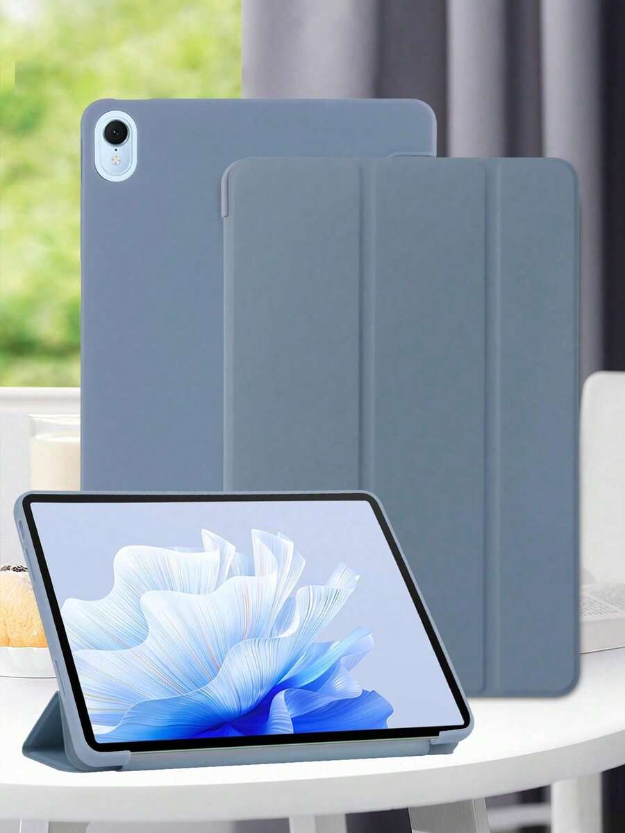1件淺灰紫色矽膠一體式平板保護殼，適用於Mini1/2/3/4/5/6/7/Air/Air2/9.7/10.2/10.5/10.9 (Air4-Air8)/Pro 11/10th Gen/A16/Pro 11 2024 Apple機型，三折支架，多角度支撐，蜂巢散熱，睡眠/喚醒，簡約休閒商務，多折平板保護殼，無筆槽，不含筆