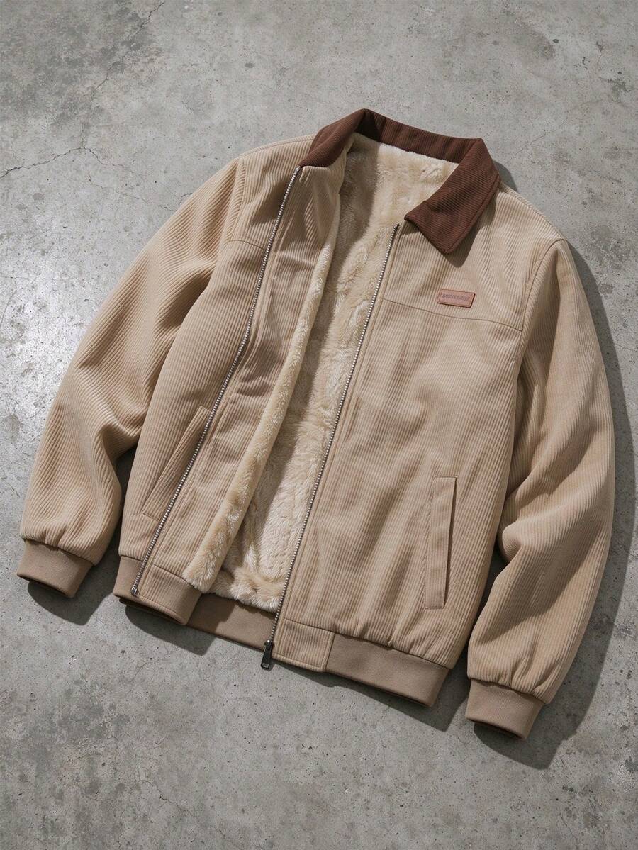 Men's Loose Fit Corduroy Jacket With Lambswool Lining, Contrast Collar Zipper Vintage Versatile Outerwear, Suitable For Winter Daily Wear - Apricot - View 1