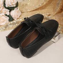 Women's Woven Texture Bow Decor Square Toe Low-Top Flat Loafers, Minimalist Commute Daily Autumn Black PU Shoes - Black - View 7