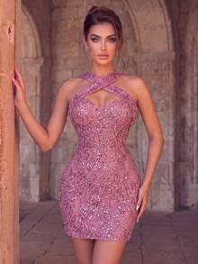 Elegant Criss-Cross Neckline Sequin Fitted Mini Dress, Suitable For Formal Dinner, Photo Shoot, Grand Event, Red Carpet, Party And Wedding - Baby Pink - View 6