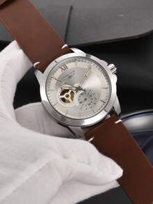 LONGLUX 1pc Men's Automatic Mechanical Watch, Hollow Design, Business Casual, PU Leather Strap, Daily Wear, Holiday Gift - White - View 4