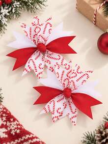 2pcs Christmas Candy Cane Bow Hair Clips, For Girls, Cute Red & White Multi-Layer Satin Hair Clips, Candy Cane Print, Party Accessories - Multicolor - View 5