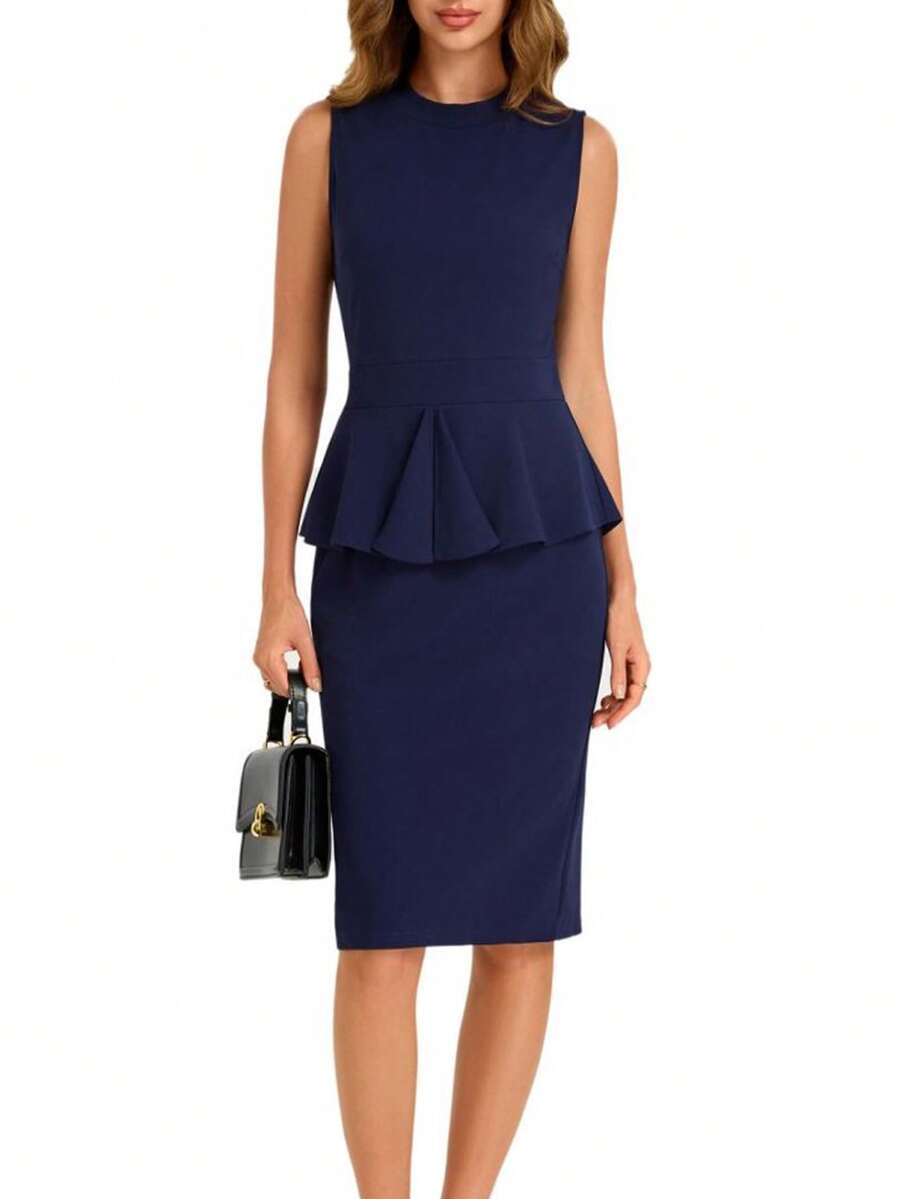 1pc Women's Elegant Solid Color Sleeveless Fitted Dress For Summer - Navy Blue - View 1