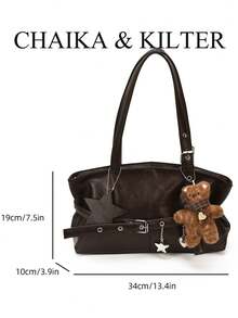 CHAIKA & KILTER 1件裝純色PU布料托特包 女款復古時尚單肩托特包 雙手把設計 拉鍊開合 飾帶裝飾 適合日常與外出使用（附吊飾） - 咖啡 - 查看 3