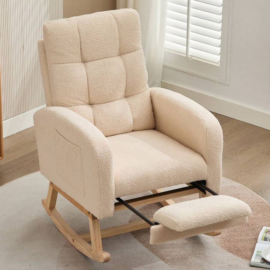 Rocking Chair With Adjustable Footrest Living Room,Boucle Fabric Rocking Chair With Solid Wooden,Comfortable Lounge Armchair With Side Pockets And High Backrest(Beige,Boucle) - Beige + Solid Wood + Boucle - View 1