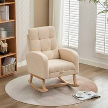 Rocking Chair With Adjustable Footrest Living Room,Boucle Fabric Rocking Chair With Solid Wooden,Comfortable Lounge Armchair With Side Pockets And High Backrest(Beige,Boucle) - Beige + Solid Wood + Boucle - View 4