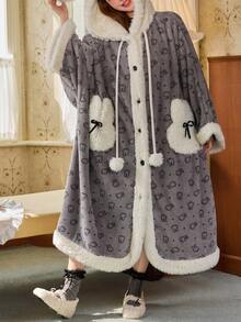 Gongdie MIFFY Women's  Hooded Fleece Long Robe, Winter Grey Thick Plush Loungewear With Faux Fur Trim Pockets - Grey - View 10