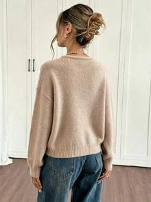 Solid Color V-Neck Soft Loose Sweater - Champagne - View 3