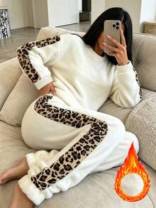 2pcs Women's Cream Lamb Fleece Leopard Print Patchwork Thick Warm Long Sleeve Elastic Waist Pants Pajamas Loungewear Set - White - View 2
