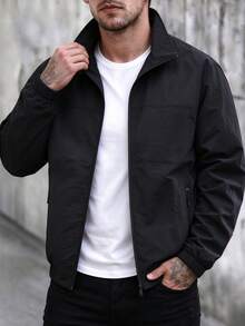 Jaket Olahraga Tipis Pria untuk Musim Semi/Gugur, Kerah Tegak, Warna Polos, Kaos Olahraga Kasual - Hitam - View 2