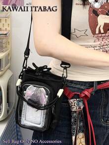 Kawaii Mini Ita Bag Drawstring Closure Clear Front Ita Bag Water Bottle Bag With Insert Panel Detachable Handle Crossbody Small Bag Cute Handbags Tote - Black - View 3