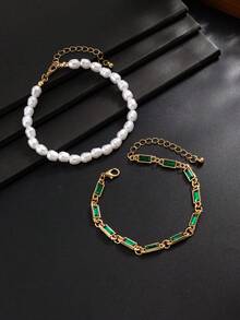 2pcs/Set Gelang Vintage Prancis Warna Hijau Zamrud dengan Batu Berlian Imitasi Persegi dan Mutiara Imitasi, Rantai Emas, Perhiasan Tangan Berlapis, Aksesori Kasual Sehari-hari untuk Hadiah Kembali ke Sekolah - Yellow Gold - View 4