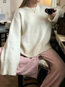 Live To Mo Women French‑Style Round Neck Loose Knitted Sweater, Dropped Shoulder Sleeve Short Knit Top For Fall Back To School & Daily Wear - Beige - View 1
