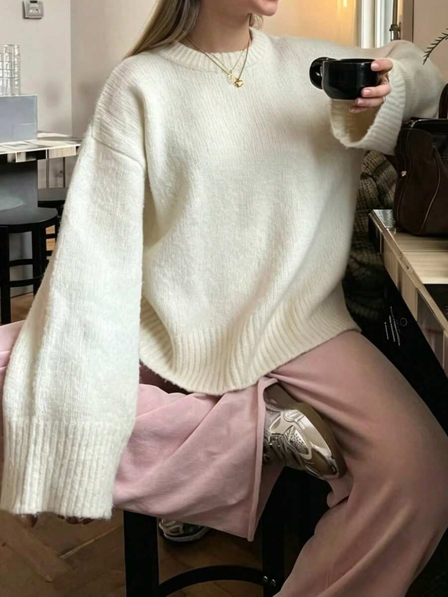Live To Mo Women French‑Style Round Neck Loose Knitted Sweater, Dropped Shoulder Sleeve Short Knit Top For Fall Back To School & Daily Wear - Beige - View 1