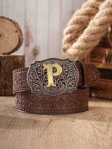 1pc Western Cowboy Style Belt With Letter Embossed Metal Buckle, PU Leather Embossed Belt, Unisex (Includes 1 Hole Puncher) - Coffee Brown - View 14