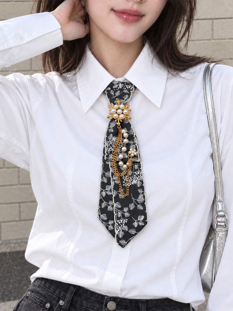1pc Women's Denim Leaf Lace Beaded Decorative Small Collar Bow Tie, Suitable For Office And Gatherings - Multicolor - View 1