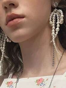 1 Pair Bow Chain Tassel Earrings, Unique Faux Pearl Beaded Drop Earrings For Women Daily Wear - White - View 2