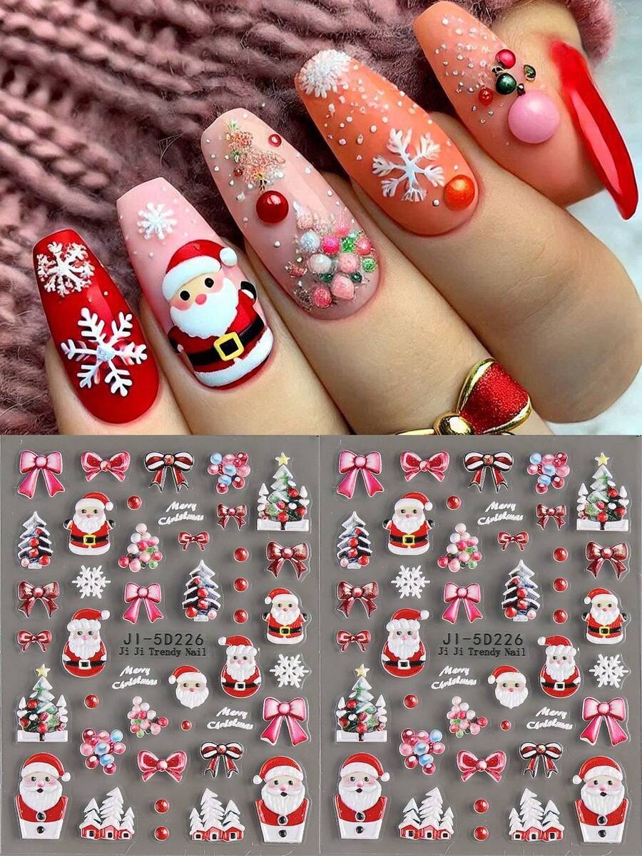 2pcs5D Red Santa ClausNail Art Sticker Christmas Tree Snow Tree Snowflake Bow Bubble Designs Nail Decals Self-Adhesive Sliders Manicure Decoration For Christmas New Year Holiday Gift - Multicolor - View 1