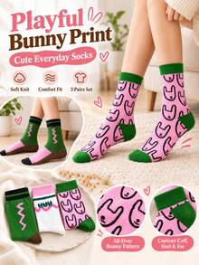 3/6 Pairs Women's Cute Cartoon Mid-Calf Socks, Pink & Green Color Block Design With Adorable Rabbit, Wavy Stripes And Fun Patterns; Made Of Soft, Comfortable And Breathable Knitted Fabric, Korean Style Casual Mid-Calf Socks, Suitable For Daily Wear, Campus Style, Streetwear And As A Gift. - Multicolor - View 4