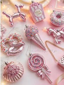 Christmas Tree Hanging Decorations, Pink Cute Plastic Ornaments, Snowflake Shell Unicorn Ice Cream Shapes, 3D Christmas Tree Window Decor - Multicolor - View 3