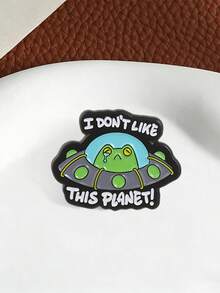 1Pc Sad Green Frog Riding UFO Enamel Brooch, Blue Alien Ship With Funny Complaint Text, Novelty Pin Badge For Bag, Coat And Daily Outfit - Multicolor - View 7