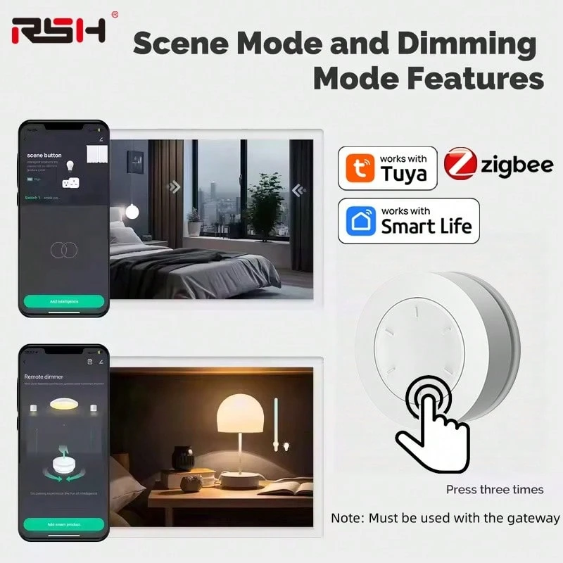 RSH Zigbee 3.0 Wireless Smart Scene Switch, Tuya Smart Life App Automation Button, Battery Powered No Wiring Home Automation Remote Control Switch, Suitable For Smart Home Scenarios (Zigbee Gateway Required)