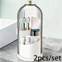 Rotating Toothbrush Holder With Sliding Cover - Freestanding Bathroom Organizer For Toothbrushes, Toothpaste, Makeup Brushes And Cosmetics - Transparent Plastic Design With Gold Accents, No Electricity Required Toothbrush And Toothpaste Storage - Multicolor - View 14