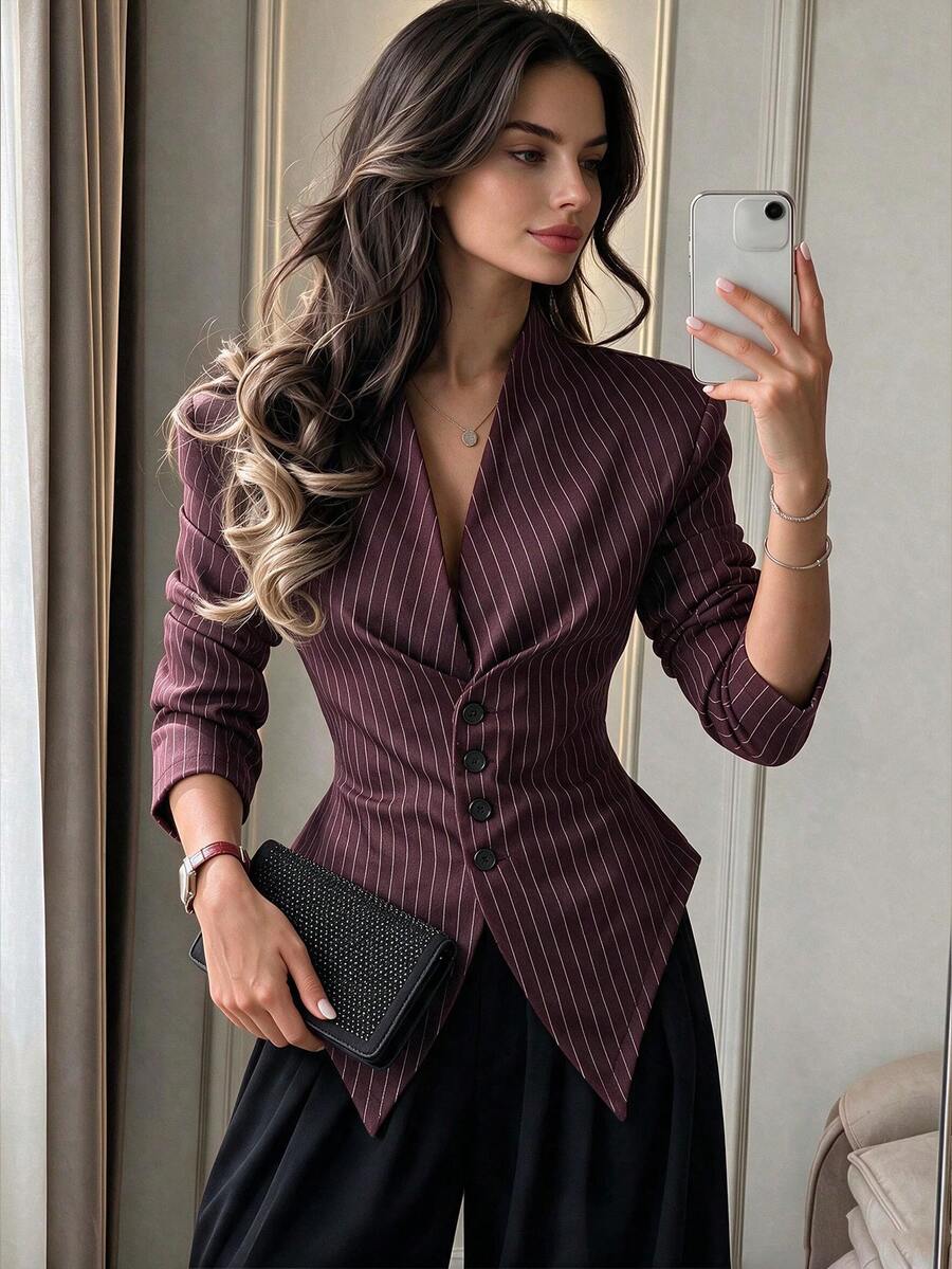 2026 Deep Brown Contrast Striped Waist-Cinching Blazer, Deep V-Neck, Waist-Cinching Design, Pointed Hem, Multi-Button, Vintage Elegant, Suitable For Office, Date, New Year Party, Valentine's Day - Burgundy - View 1