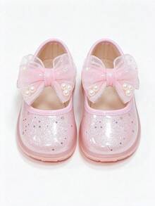 Girls' New Pink Glitter Mary Jane Princess Shoes, Mesh Pearl Bow Hook And Loop Soft Sole Round Toe Shoes, Suitable For Performance, Birthday, Holiday, Party And Daily Wear - Pink - View 9