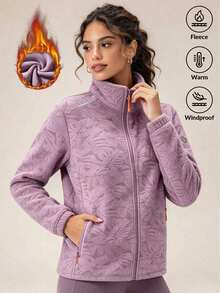 Women's Fashion Outdoor Fleece Jacket, Maple Leaf Pattern, Thickened Zipper Pocket Design, Fleece Coat For Autumn Wear - Lilac Purple - View 1