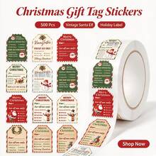 500Pcs Christmas Gift Tag Roll Stickers, Vintage Santa Elf Paper Label Self‑Adhesive Decals For Xmas Present Wrapping Envelope Decor - 500 Pcs/roll - View 1