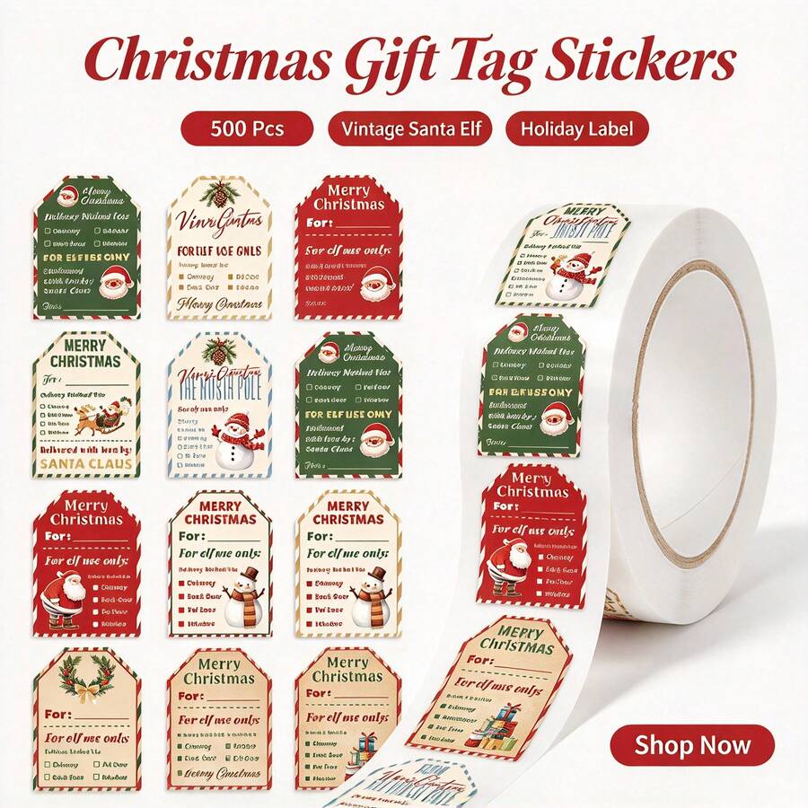 500Pcs Christmas Gift Tag Roll Stickers, Vintage Santa Elf Paper Label Self‑Adhesive Decals For Xmas Present Wrapping Envelope Decor - 500 Pcs/roll - View 1