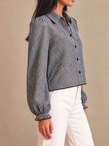 Women's Black White Gingham Puff Sleeve Cropped Shirt, Collared Front Button, Scalloped Trim Hem & Cuffs, Spring Autumn For Office Vacation Daily Wear - Black and White Checkered - View 3