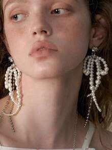 1 Pair Bow Chain Tassel Earrings, Unique Faux Pearl Beaded Drop Earrings For Women Daily Wear - White - View 1